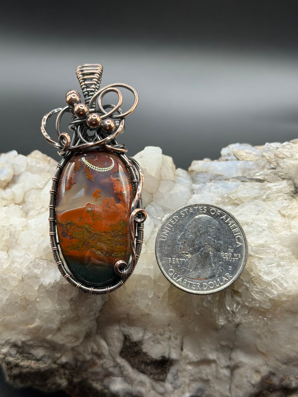 Northwest Oregon Moss Agate Copper Wire Wrapped Pendant