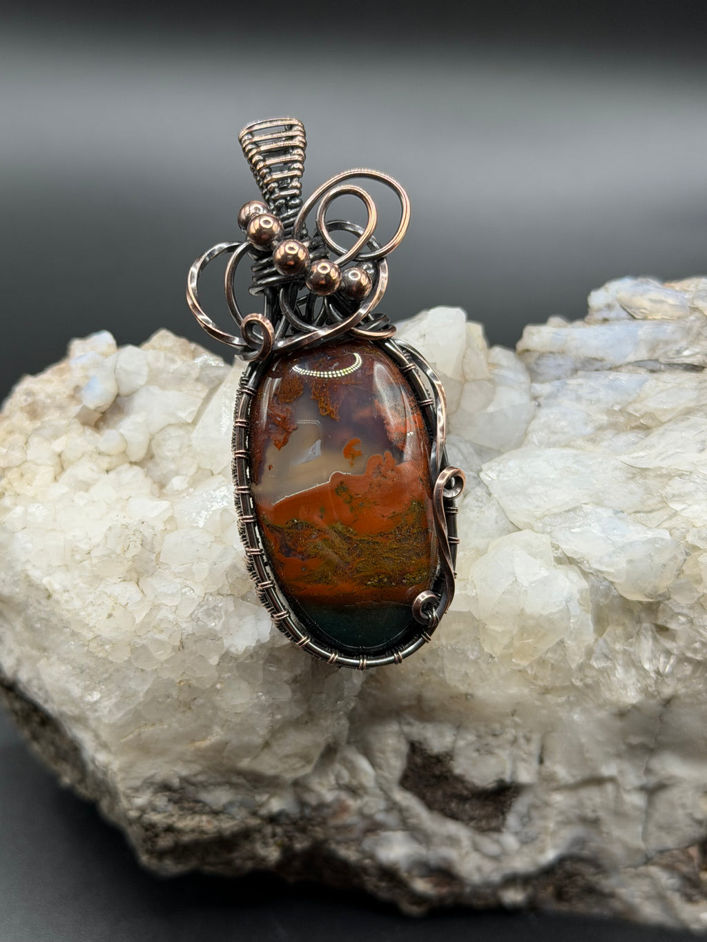 Northwest Oregon Moss Agate Copper Wire Wrapped Pendant