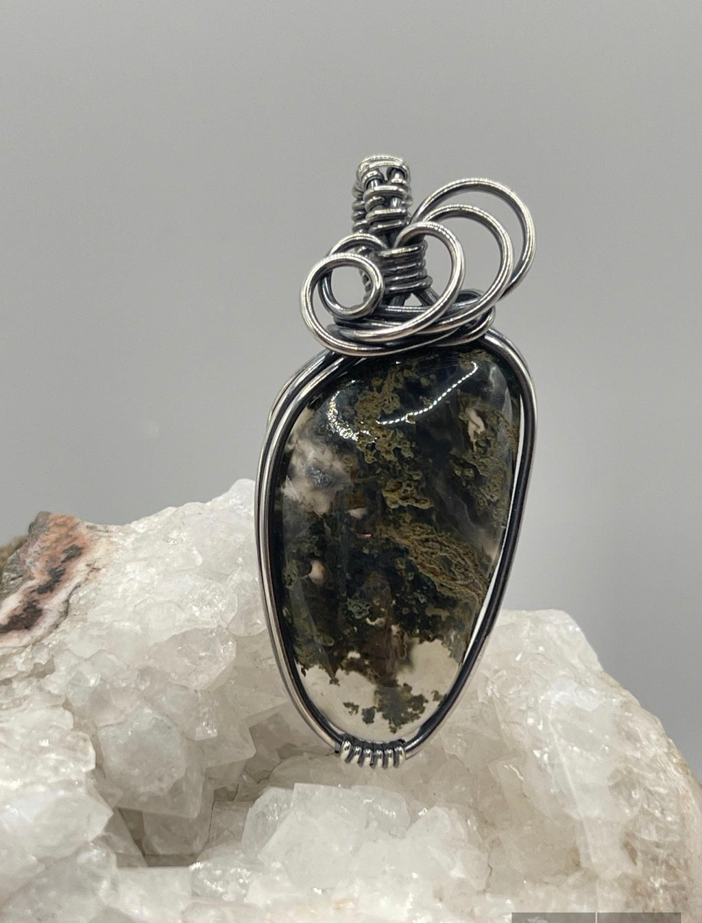 Maury Mountain Moss Agate Sterling Silver Wire Wrapped Pendant