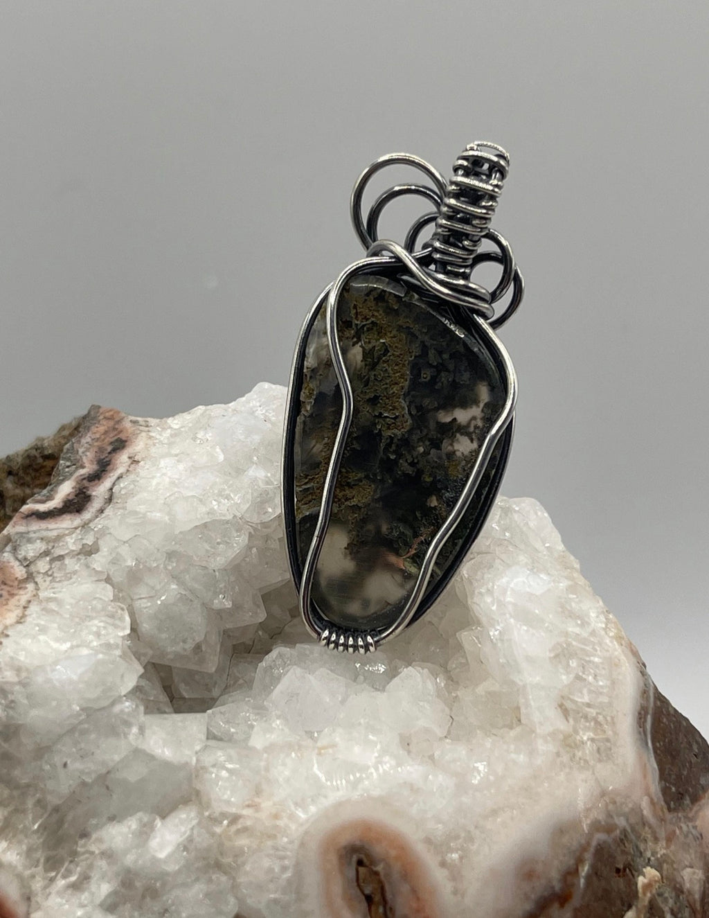 Maury Mountain Moss Agate Sterling Silver Wire Wrapped Pendant