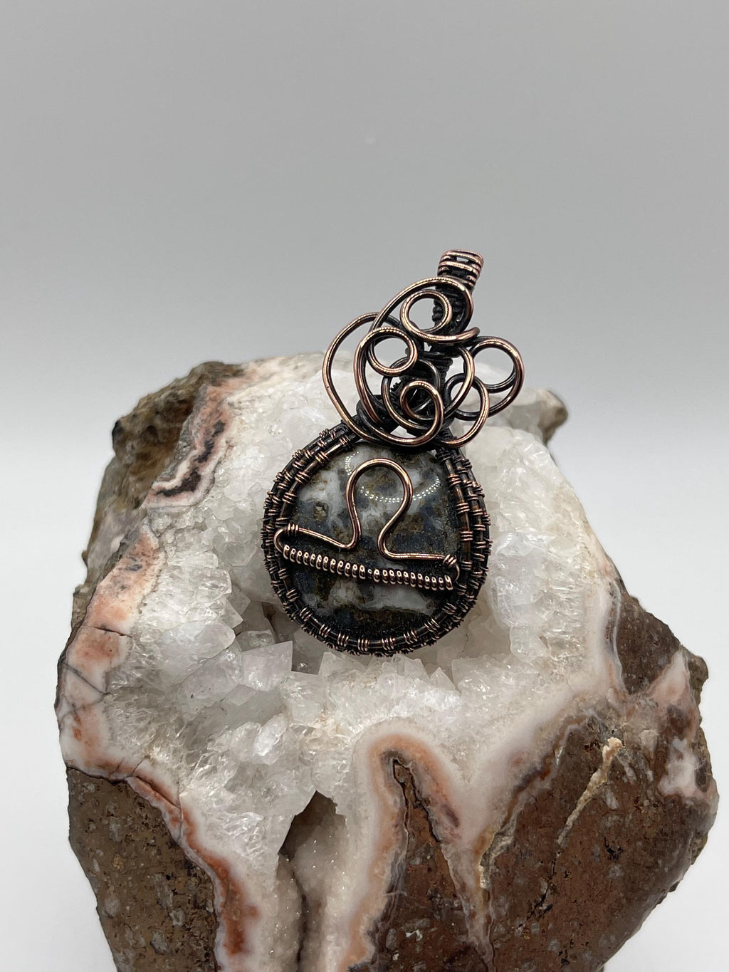 Plume Agate Libra Copper Wire Wrapped Pendant